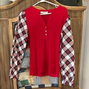 LOFT Vibrant Red Blouse with Plaid Sleeves